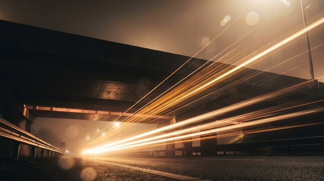 Cinematic long exposure car light trails on night highway, urban bridge traffic motion blur, golden glowing streaks on dark road