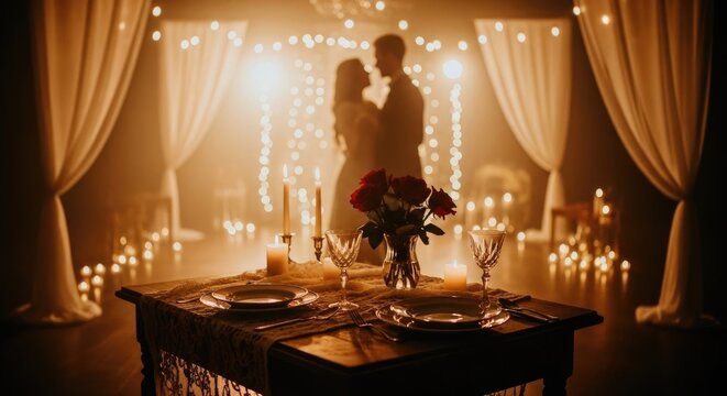 Romantic Couple Embracing Under Soft Lights and Curtains in a Cozy Setting.