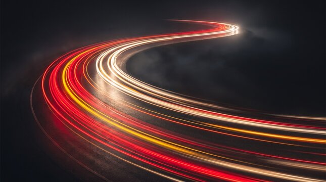 Dynamic light trails on dark highway, long exposure traffic motion blur, red and white glowing speed lines on curved road