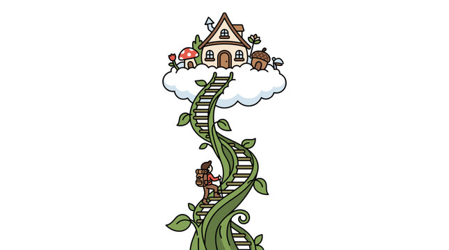 Person climbing beanstalk ladder to sky cloud house.