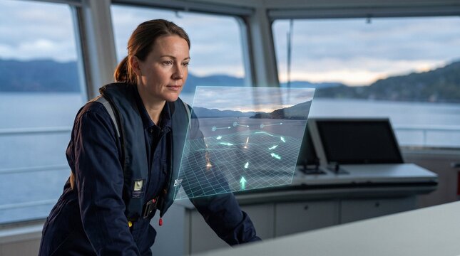 Female ship navigator on a ferry bridge examining a 3D holographic radar screen displaying vessel collision avoidance data over a coastal fjord background