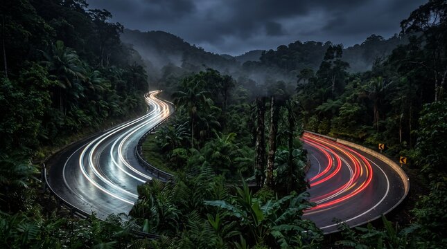 Winding jungle road with long exposure light trails. Dark tropical forest highway at night. Cinematic mountain pass with car lights.
