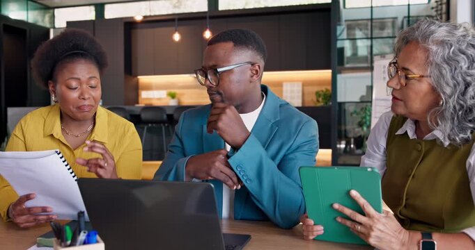 Tablet, team and meeting with paperwork for campaign strategy, SEO stats and competitor research. People, tech and document at agency for marketing funnel, editorial planning and KPI data comparison