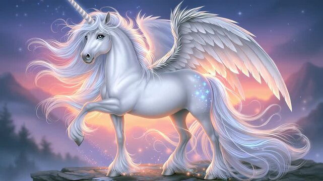 Majestic white winged unicorn galloping through a magical night sky, surrounded by glowing light, stars and flowing mane, creating a fantasy and mythical atmosphere.