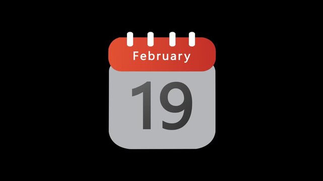February 19. Calendar appearing,19 February day calendar animation without background ,Infrared calendar in futuristic, commemoratives in led and etc. Animated HUD month calendar on the alpha channel