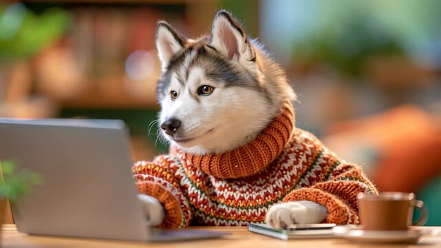 Siberian Husky wearing a colorful knitted sweater and looking at a laptop indoors, creating a cozy and playful technology concept.