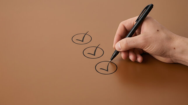 Hand holding a black pen drawing a checkmark inside a circle on brown with pen mark
