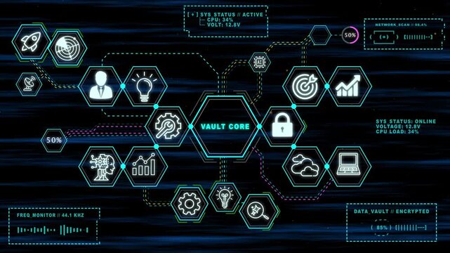 Futuristic Vault Core Cyber Security HUD Interface Animation Background