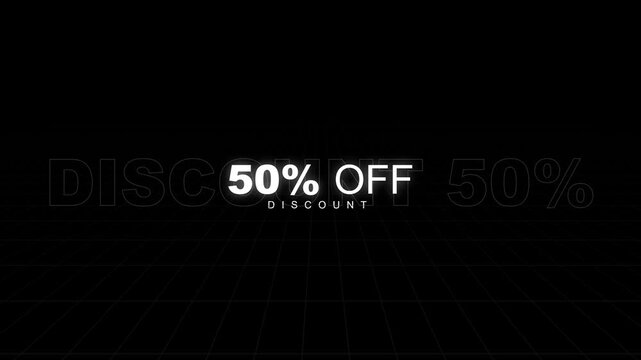 Animated 50 percent off discount typography on black background