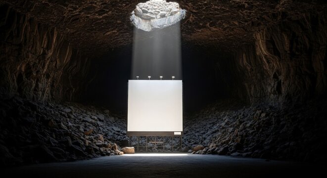 A white technological monolith illuminated in a dark, rocky underground cave.