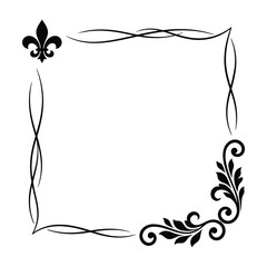 Elegant vintage border vector, classic fleur de lis corner frame, decorative black filigree ornament for wedding invitations isolated on White Background © LIPI