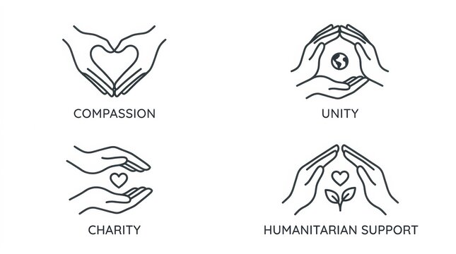 Set of four line art icons representing community unity charity and human support concepts with hands and heart symbols