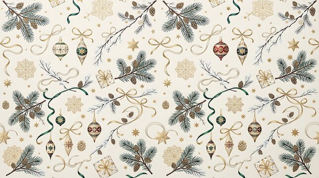 Christmas holiday pattern with mistletoe berries and gold ornaments