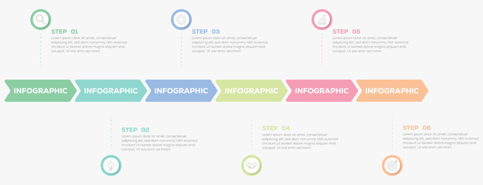 Arrow process infographic template design with 6 steps. Business milestones timeline template for presentation slide.
