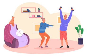Fototapeta premium Morning exercise at senior couple home. Healthy lifestyle