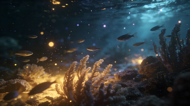 Underwater scene with fish swimming among coral and glowing particles