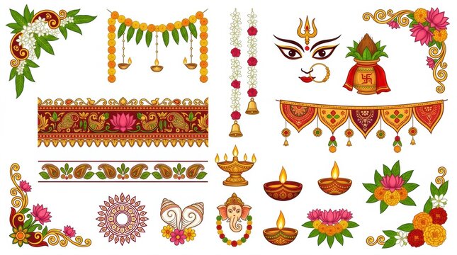 Set of traditional indian festive decorative elements including floral borders rangoli patterns diya lamps and goddess durga face illustrations
