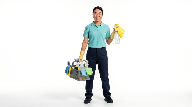Happy professional female janitor standing and holding a cleaning service caddy basket with spray bottle and microfiber cloths on white background