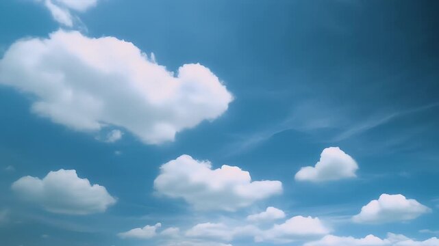 A triptych of fluffy white cumulus clouds drifting across a clear blue sky.