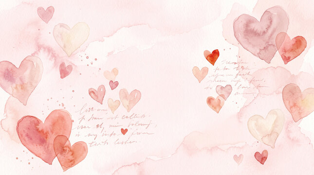 Abstract watercolor background with pink and red painted hearts and handwritten cursive text