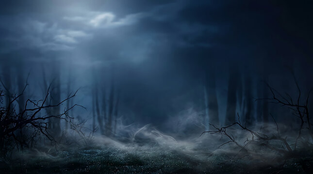 Spooky dark forest landscape with fog at night under a bright glowing full moon