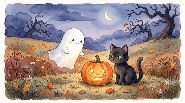 Cute watercolor halloween illustration with a friendly ghost, a glowing jackolantern, and a black cat in an autumn field