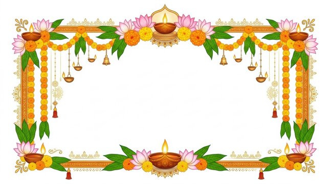 Decorative rectangular frame featuring traditional indian oil lamps and marigold flower garlands for festive diwali celebration invitation card design