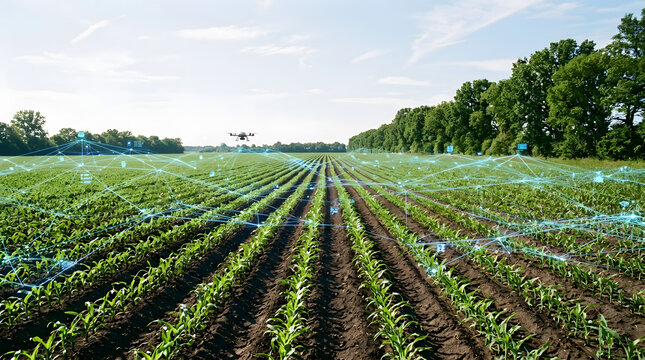 Drone flying over a green corn field with digital network data overlay with analysis