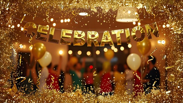Golden celebration banner with blurred partygoers and confetti fills a festive scene
