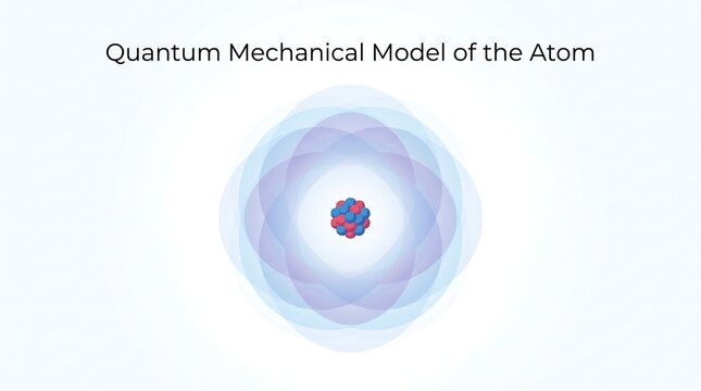 Quantum mechanical model of atom with nucleus and electron cloud vector illustration
