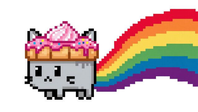 Pixelated gray cat with cupcake head and rainbow tail, isolated on transparent background