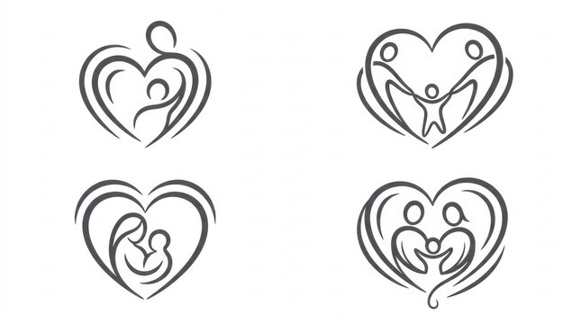 Set of four hand drawn sketch style family icons featuring parents and children inside heart shapes for love concepts