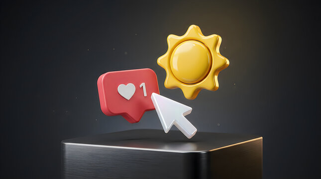 Three dimensional social media notification icon with a sun symbol and a computer mouse cursor on pedestal