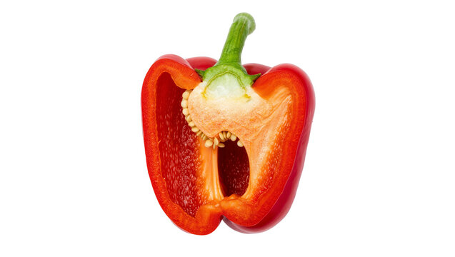 Bright red bell pepper half with visible seeds and stem, isolated on transparent background