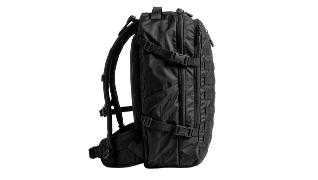 Black tactical backpack with molle webbing and adjustable straps, isolated on transparent background