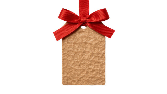 Brown textured gift tag with red satin ribbon bow, isolated on transparent background