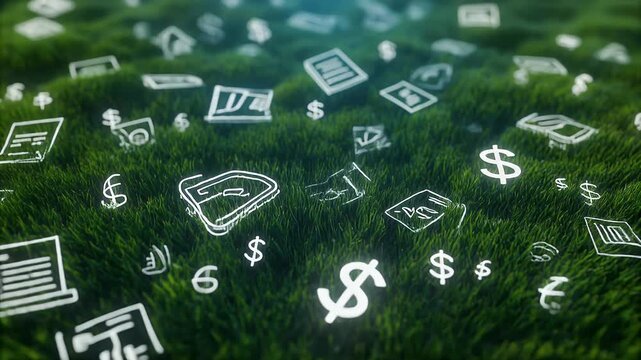 A triptych of green grass with glowing white icons of financial symbols, documents, and laptops scattered across it.