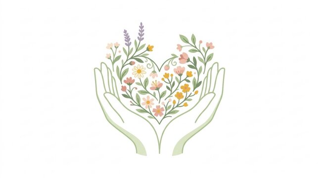 A delicate line art illustration of two hands gently holding a beautiful bouquet of wildflowers shaped like a heart