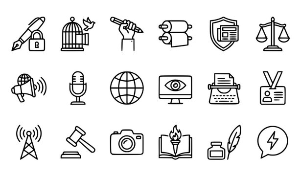 Journalism and Legal Communication Outline Icon Set with News, Media, Copyright, Justice, Broadcasting and Publishing Symbols