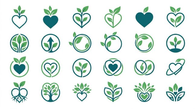 Set of eco friendly heart and leaf icons for sustainable business branding and organic natural product design elements