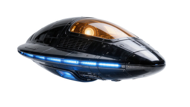 Sleek black futuristic spacecraft with amber cockpit and blue lights, isolated on transparent background