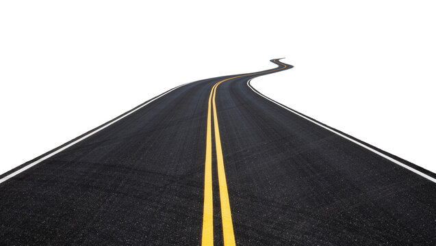 Winding asphalt road with double yellow lines, isolated on transparent background