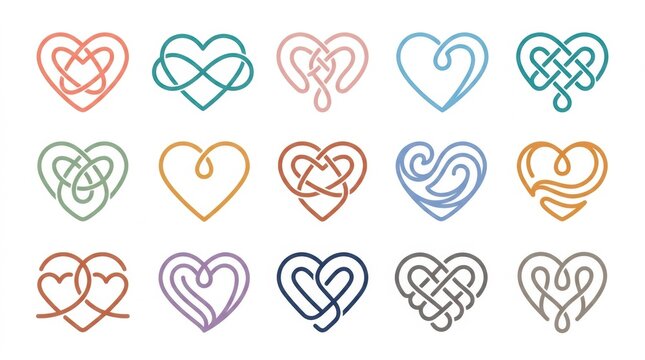 Set of fifteen hand drawn heart icons with intricate line art designs isolated on a white background for design