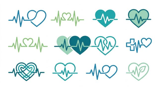Set of various heart beat icons and medical pulse line illustrations in teal and green colors on white background