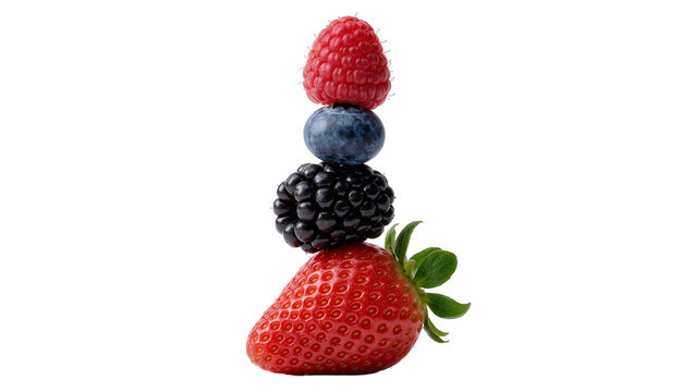 Stack of fresh berries including strawberry blackberry blueberry and raspberry, isolated on transparent background