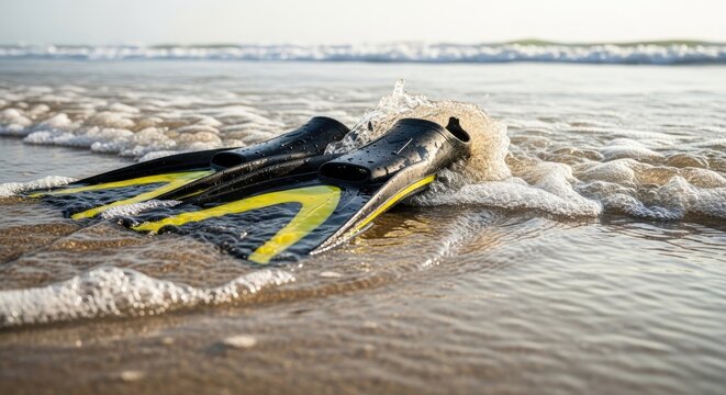 Pair of Diving Fins Resting on the Sandy Beach Shoreline.