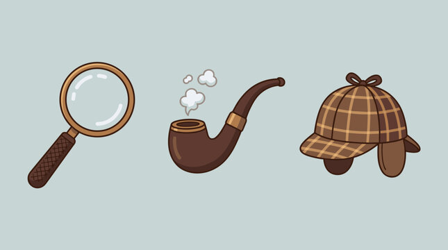 Vintage mystery detective investigator equipment set with magnifying glass tobacco pipe and hat