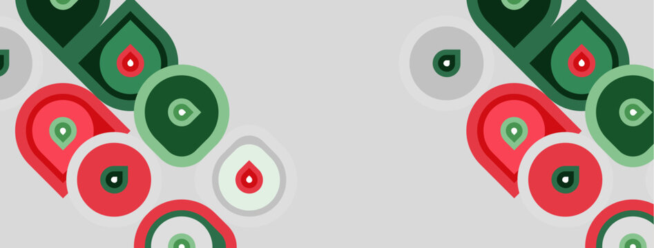Abstract design features repeating red, green shapes. Circles, ovals overlap light gray background. Minimalist pattern creates modern aesthetic.