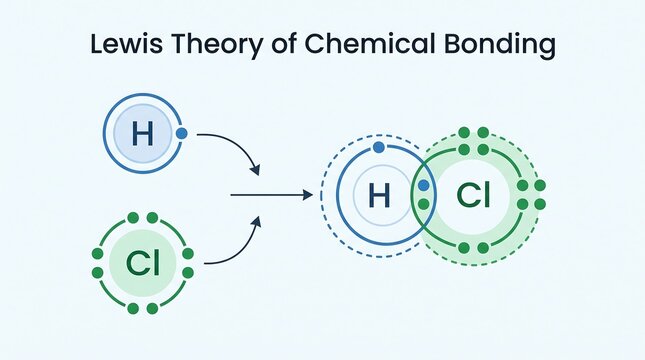 Lewis theory of chemical bonding diagram demonstrating electron dot structure formation for hydrogen chloride molecule in chemistry education