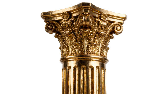 Ornate golden Corinthian column capital with acanthus leaves, isolated on transparent background